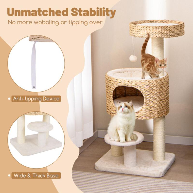 Hivvago Modern Cat Tower Cat Tree with Top Perch Cattail Fluff Condo