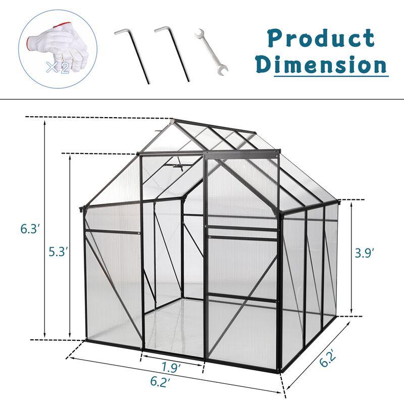 6X6FT BLACK Polycarbonate Greenhouse Raised Base and Anchor Aluminum Heavy Duty Walk-in Greenhouses image number 3