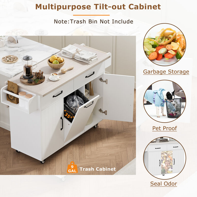 Merax Rolling Kitchen Island with Tilt-Out Trash Cabinet, Drop Leaf, 2 Drawers, 2 Cabinets image number 2