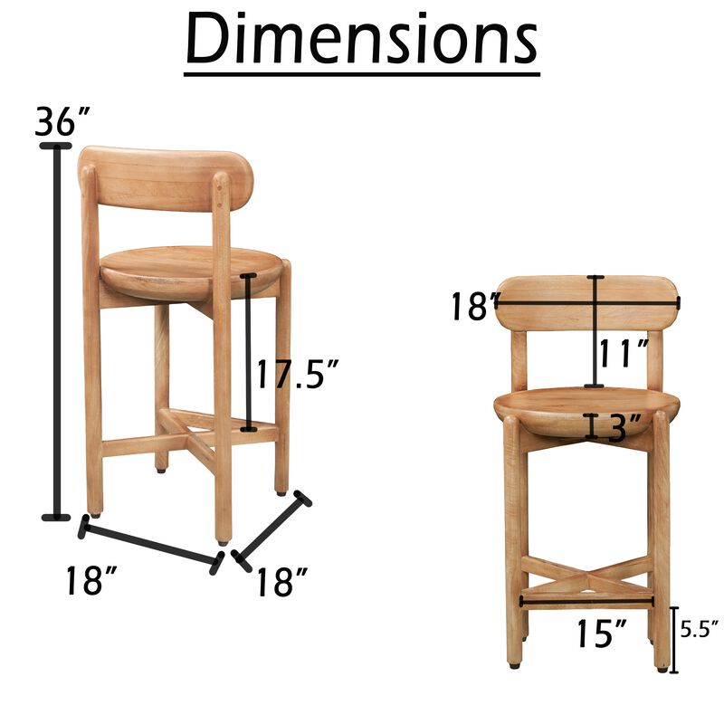Maona Counter Stool Chair with Round Seat, Curved Open Back, Natural Brown Mango Wood image number 3