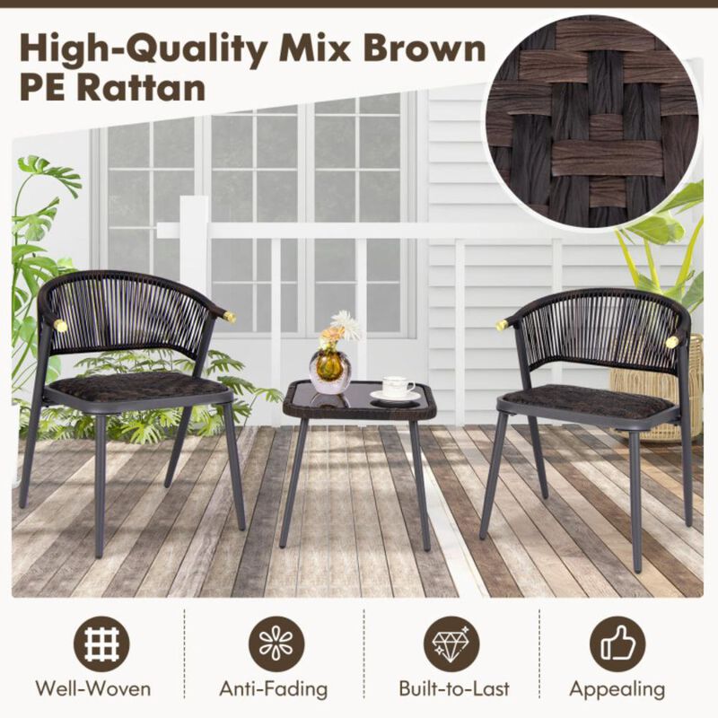 Hivvago 3 Pieces Patio Rattan Furniture Set with Tempered Glass Tabletop for Backyard Poolside
