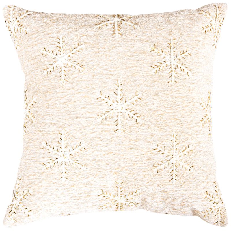 HomeRoots 20" Natural And Gold Snowflakes Christmas Throw Pillow With Embroidery image number 0