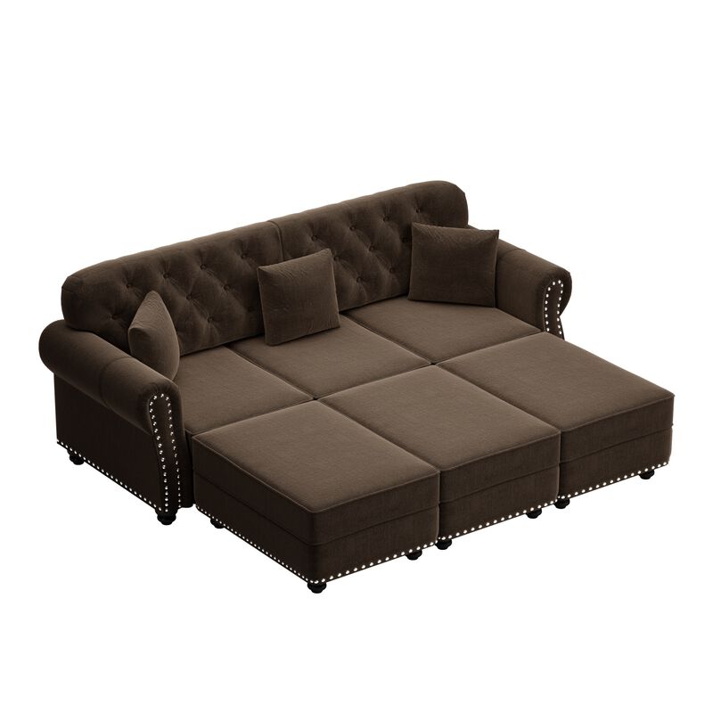 Whisen 3 Seat Velvet Sofa with 3 Ottomans, Nailhead Trim, Mid-Century Modern, for Living Room image number 8
