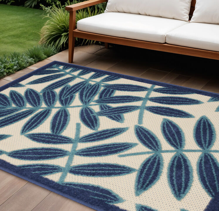 HomeRoots 6' X 9' Navy Blue And Beige Botanical Leaves Indoor Outdoor Area Rug