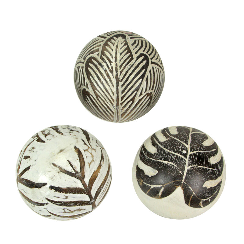 Set of 3 Whitewashed Carved Tropical Leaf Solid Wood Decor Balls image number 0
