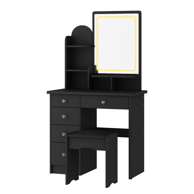 5-Drawers  Makeup Vanity Sets Dressing Table Sets With Stool, Mirror, LED Light and 3-Tier Storage Shelves