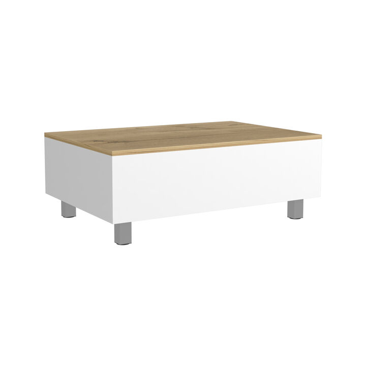HomeRoots 32" White And Oak Brown Wood and Metal Lift Top Coffee Table