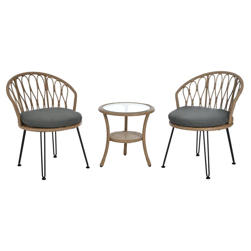 Mondawe 2 Pieces Outdoor Table And Chair Set,Patio Garden Set W/ Rattan Chairs And Round Glass Table