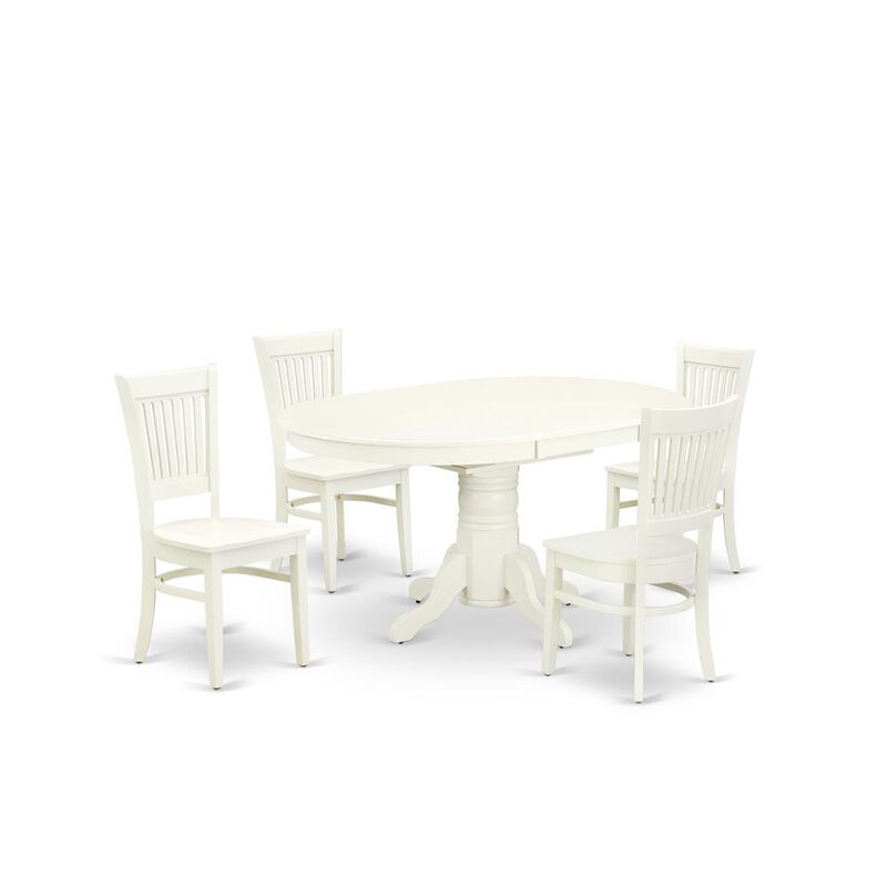 East West Furniture - AVVA5-LWH-W - 5-Piece Modern Dining Set- 4 Mid Century Chair with Wooden Seat and Slatted Chair Back - Butterfly Leaf Oval Dining Table - Linen White Finish