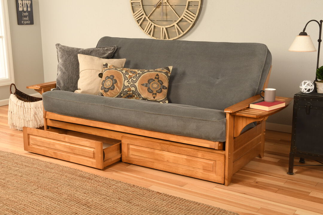 Phoenix Frame in Butternut Finish includes Marmont Thunder Mattress and Storage Drawers