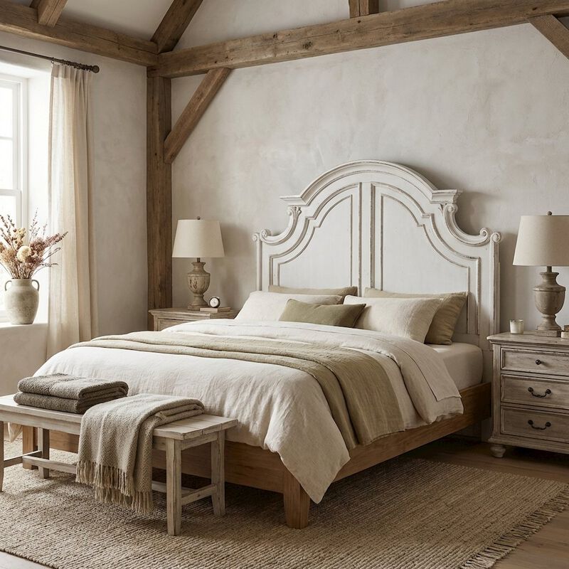 Antique White, Weathered Bark King Headboard, Solid Wood Frame, European Design image number 1