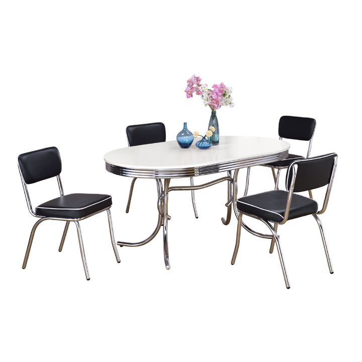 Loy 5pc Oval Dining Set w 4 Chairs, Retro Design Chrome, White, Black