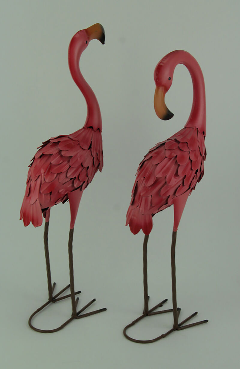 Set of 2 Decorative Metal Pink Flamingo Yard Statues image number 2
