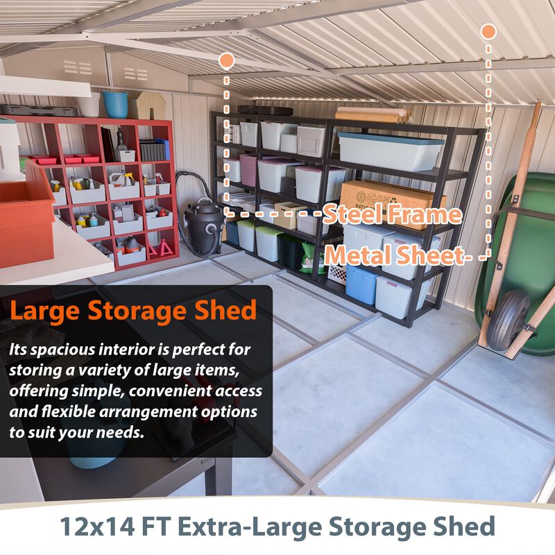 12x14 FT Metal Storage Shed, Lockable Double Door Tool Shed, Light Gray image number 6