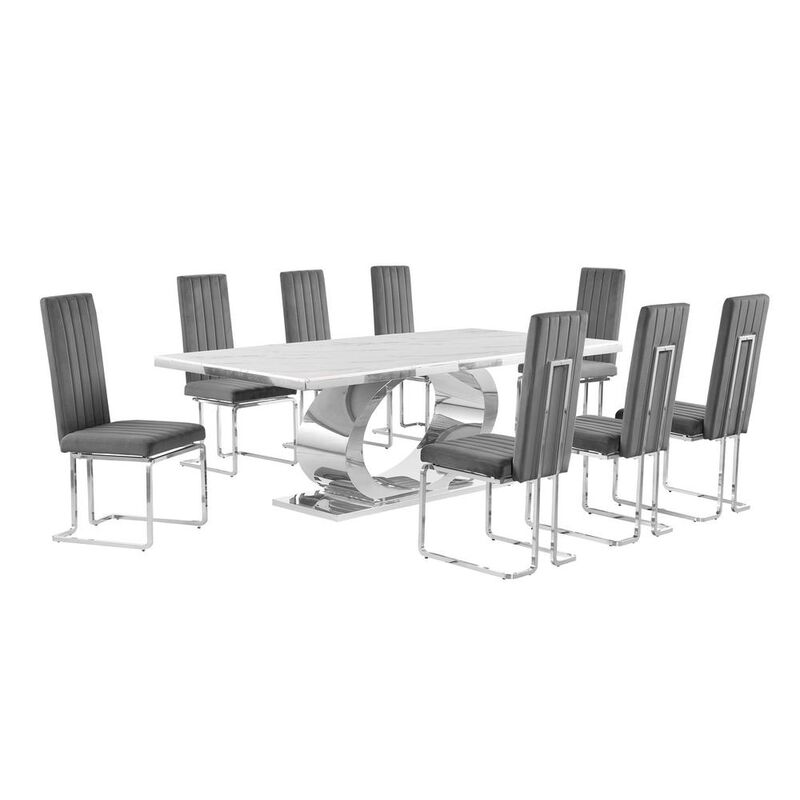 Best Quality Furniture 9pc Large(87) marble top dining set with silver base and 8 Dark grey chairs image number 0