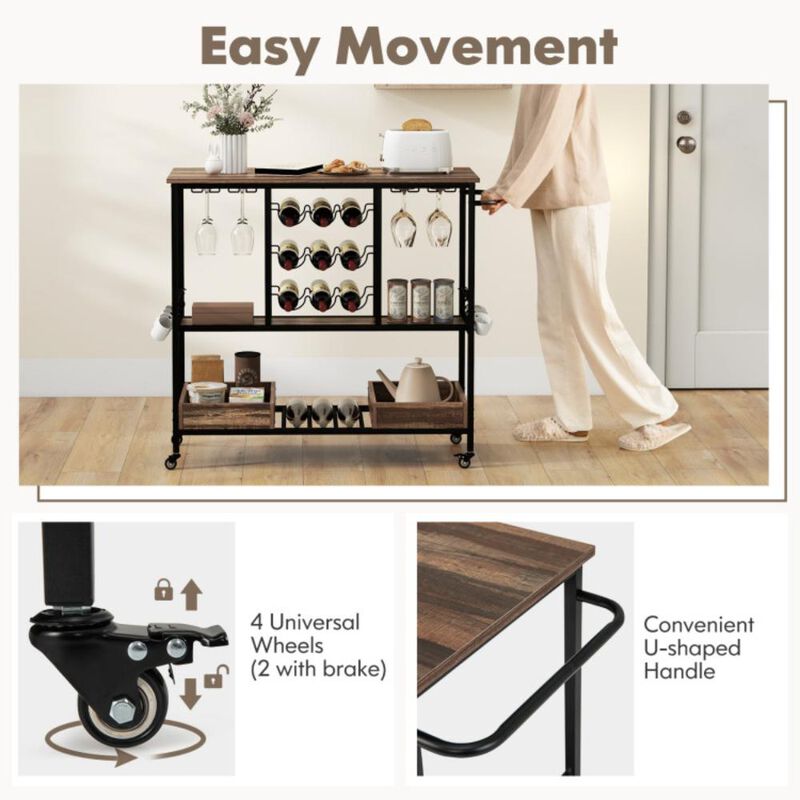 Hivvago 3 Tiers Bar Cart on Wheels with Glass Racks