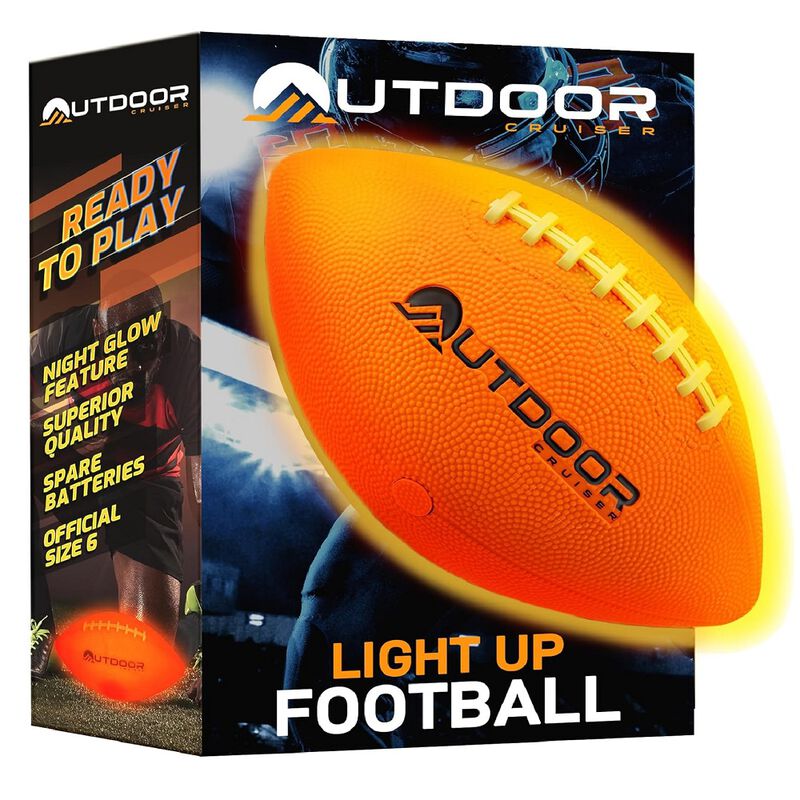 Outdoor Cruiser Light Up Football - Waterproof Rubber Construction, Glow in the Dark, Glows Up to 30 Hrs with Tap Activation, Complete Set with Pump & Spare Batteries, Official Size 6, For Ages 8-15