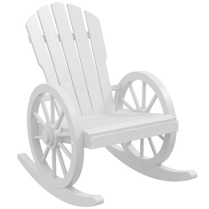 Outsunny Wooden Rocking Chair, Adirondack Rocker Chair w/ Slatted Design and Oversized Back, Outdoor Rocking Chair with Wagon Wheel Armrest for Porch, Poolside, and Garden, White