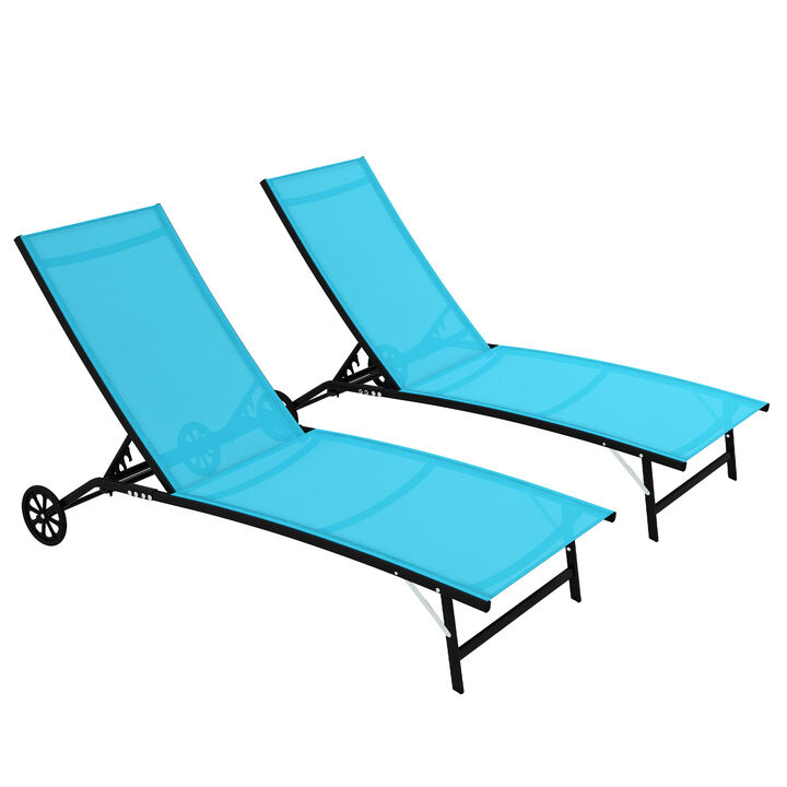 Outsunny Chaise Lounge Outdoor, 2 Piece Lounge Chair with Wheels, Tanning Chair with 5 Adjustable Position for Patio, Beach, Yard, Pool, Blue