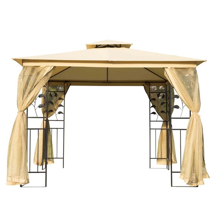 10' x 10' Outdoor Patio Gazebo Canopy with 2-Tier Polyester Roof, Mesh Netting Sidewalls, and Steel Frame Beige