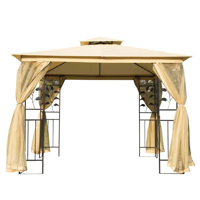 Beige Garden Shelter: 10x10 Steel Frame Gazebo with 2-Tier Roof & Mesh Walls