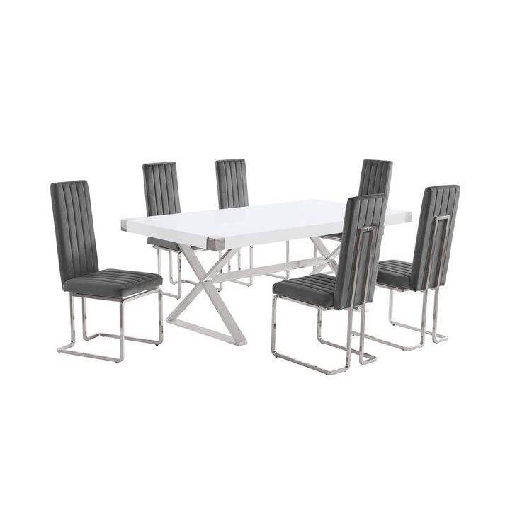 Best Quality Furniture 7pc Small(78) white wood top dining set with silver base and 6 chiars