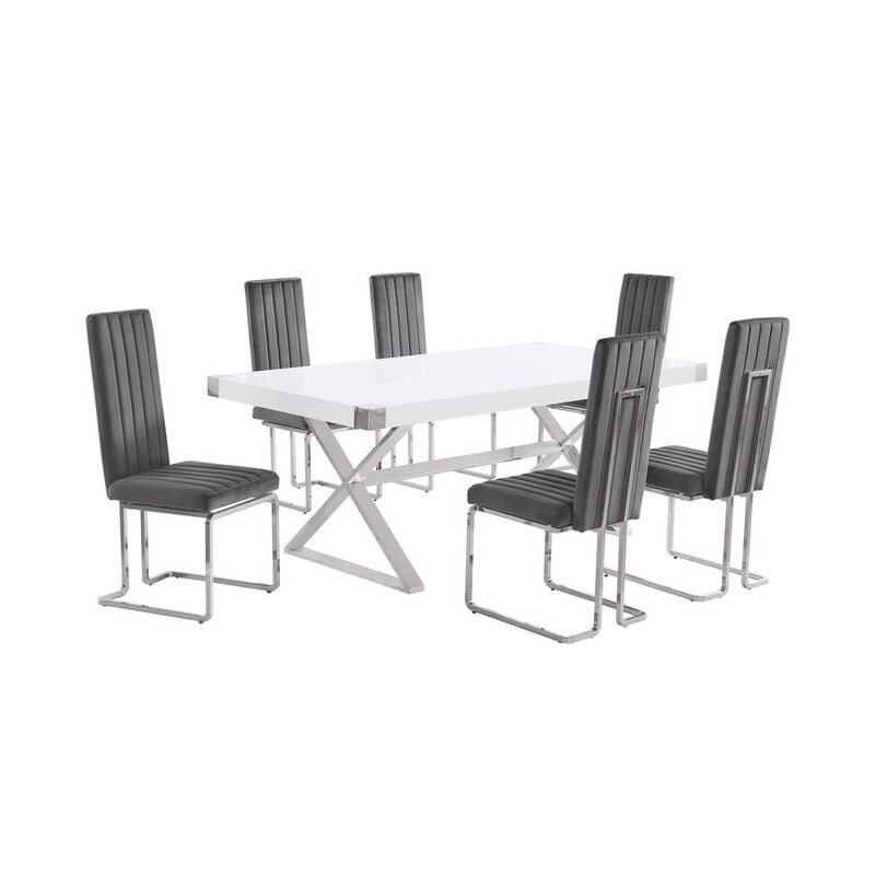 Best Quality Furniture 7pc Small(78) white wood top dining set with silver base and 6 chiars