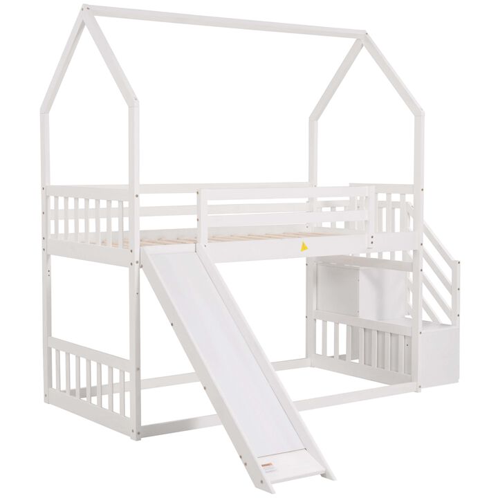 Twin Over Twin House Bunk Bed With Convertible Slide, Storage Staircase