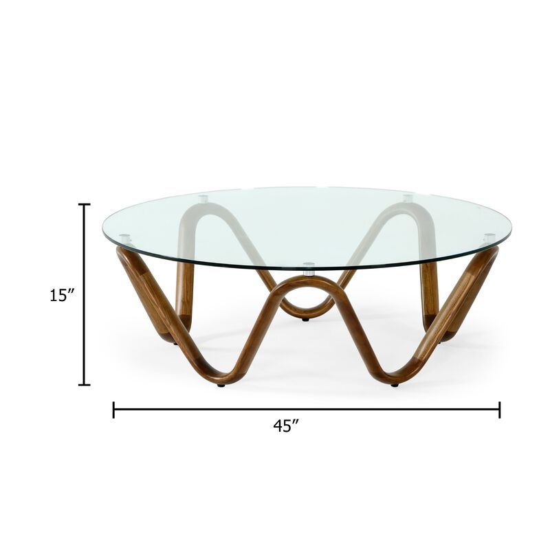 Cid Lasp Coffee Table, 45 Inch, Round Glass Top, Walnut Wave Design Base - Benzara image number 4