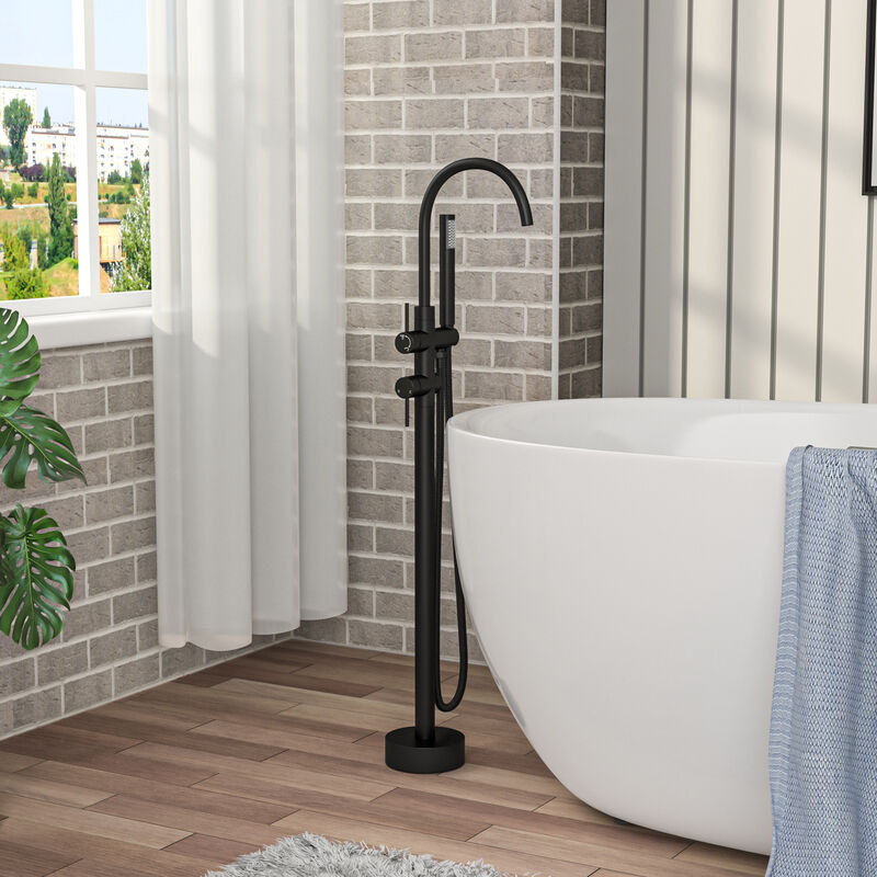 Freestanding Bathtub Faucet Floor Mount Tub Filler Matte Black, Swivel Gooseneck Spout with Cylinder Handheld