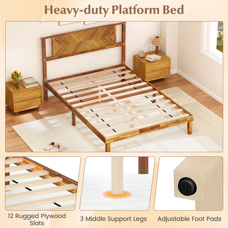 Acacia Wood Platform Bed Frame with Headboard, Mid-Century Style image number 5