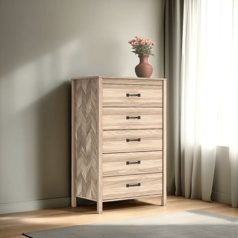 Bette Tall Dresser Chest, 5 Drawers, Light Oak Brown Finish, 60 Inch