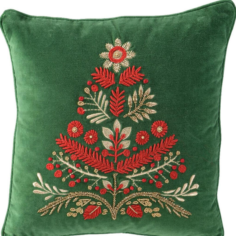 HomeRoots 18" Green And Red Floral Velvet Cotton Christmas Tree Throw Pillow image number 2