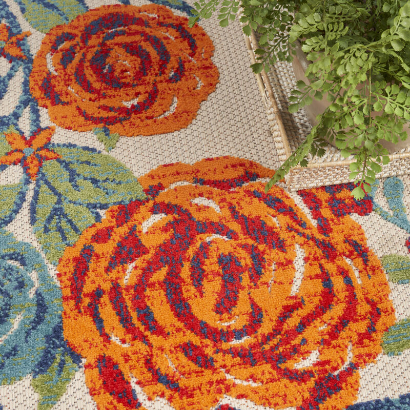 HomeRoots 8' X 11' Ivory Blue And Orange Floral Indoor Outdoor Area Rug image number 4