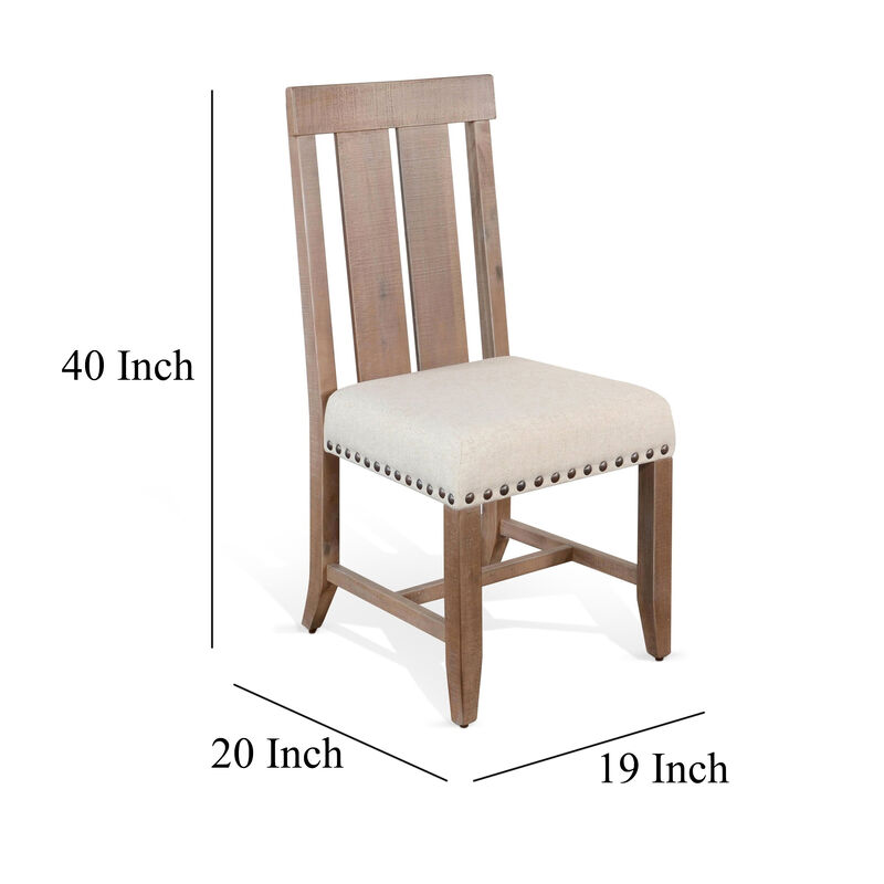 Anva Dining Chair Set of 2, Slat Back, White Fabric, Dark Brown Wood - Benzara