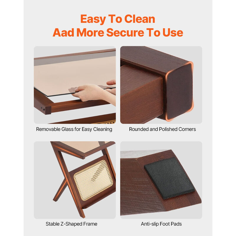 Z-Shaped Rattan Woven Wicker End Table with Tempered Glass Top