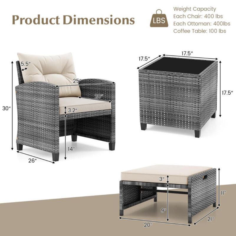 5 Piece Patio Rattan Furniture with 2 Ottomans and Tempered Glass Coffee Table image number 2