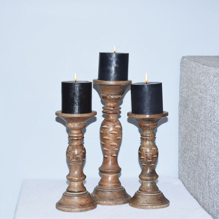 Traditional Medium Burnt Eco-friendly Handmade Mango Wood Set Of Three 9",12" & 9" Pillar Candle Holder