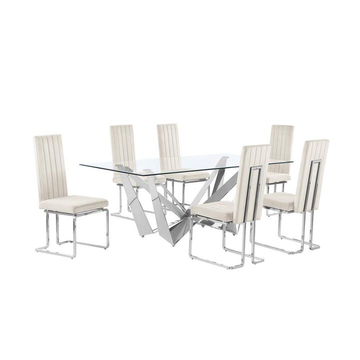 7pc Small(78") glass dining set with silver base and 6 Cream side chairs