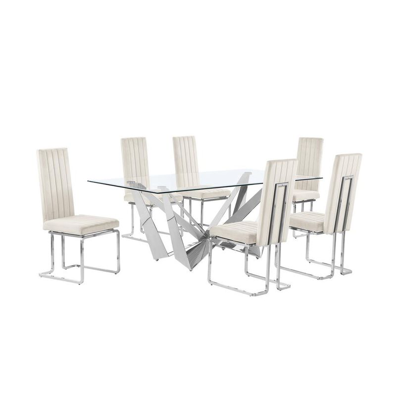 7pc Small(78") glass dining set with silver base and 6 Cream side chairs