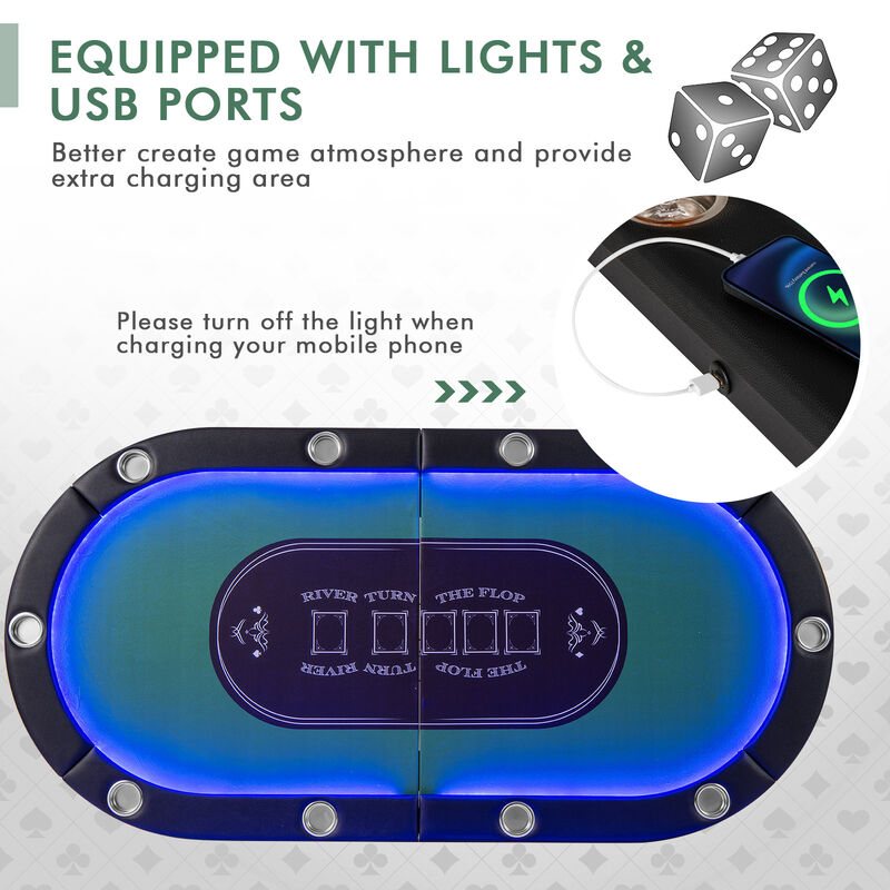 10 Player Poker Table with LED Lights and USB Ports for Home Game Room-Green image number 4