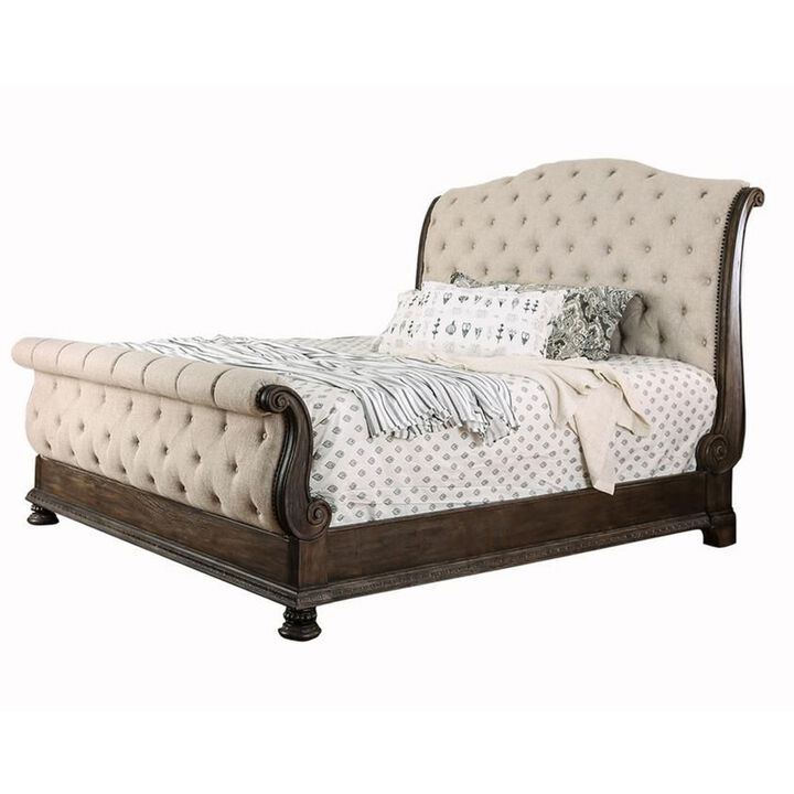 Eastern King Bed with Sleigh Headboard and Footboard, Brown and Beige - Benzara