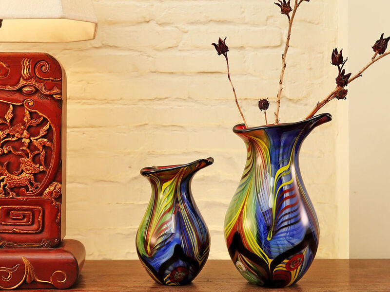 Hand Blown Abstract Teardrop Art Glass Vase with Angled Lip