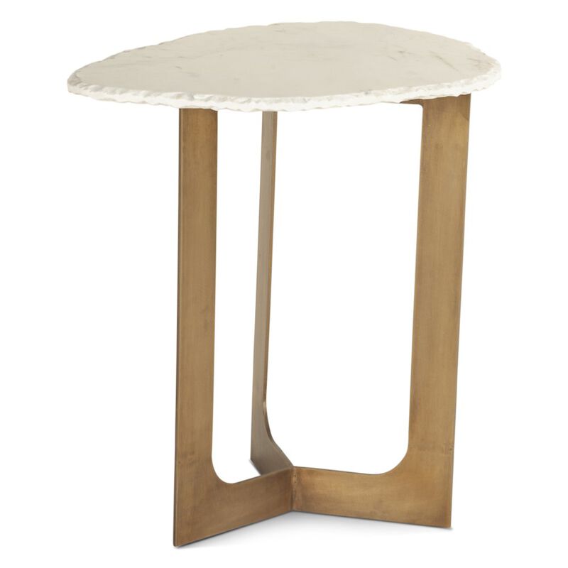 World Interiors Fresno 24 Side Table in White Marble and Antique Brass Base