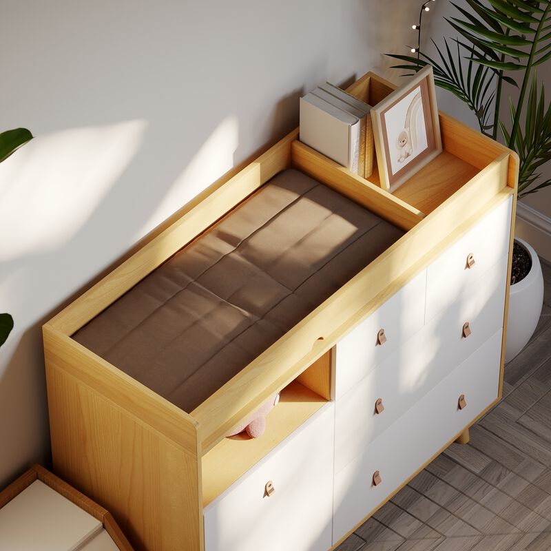 FUFU&GAGA 4-Drawer Baby Changing Table with Storage Cabinet （32.3" W x 18" D x 37" H ), Natural Wood & White