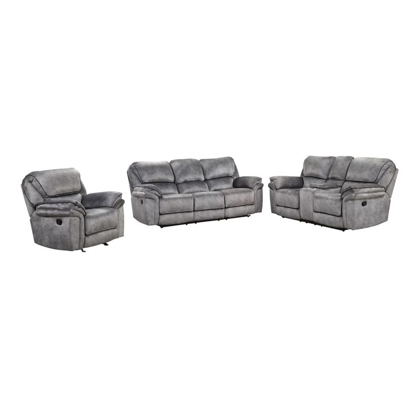 Arisa 3pc Sofa, Loveseat, Chair Manual Recliner Set, Gray Faux Leather - Benzara
