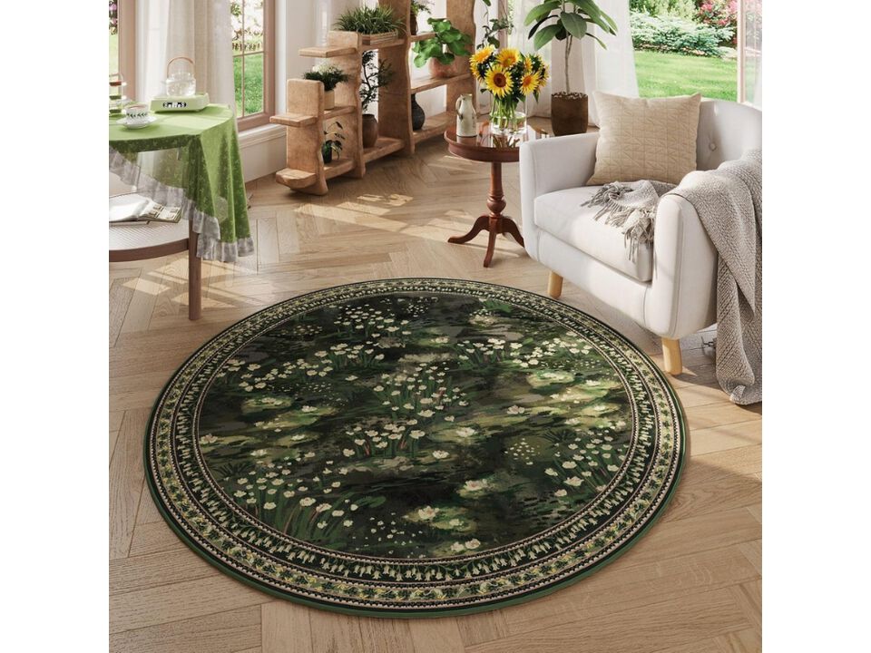 Green Vintage Round Rug 4 Ft Non Slip Low Pile Bedroom Area Carpet Decor