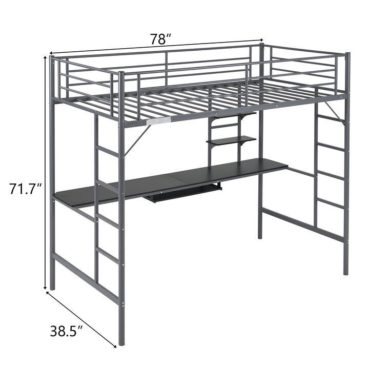 Metal Loft Bed with Desk, Storage Shelves, Dual Ladders & Full-Length Guardrails, No Box Spring Needed