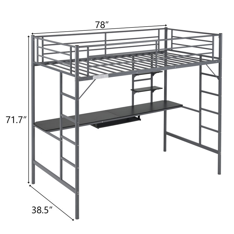 Metal Loft Bed with Desk, Storage Shelves, Dual Ladders & Full-Length Guardrails, No Box Spring Needed