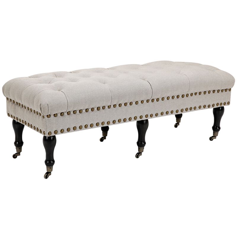 Mobile Upholstered Bench Rolling Button-Tufted Fabric Accent Ottoman with Nailhead Trim & Wheels, Beige image number 1